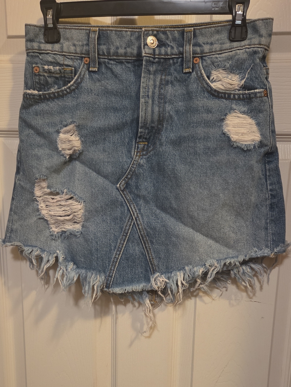 7-For All Kind-Women's Distressed Light Blue Denim Skirt - Casual Frayed Hem